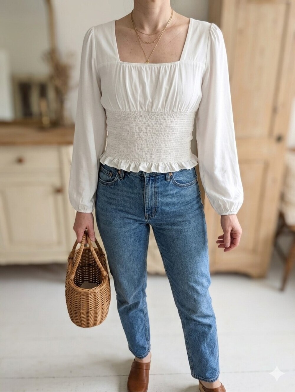 White Smocked Peasant Blouse Balloon Sleeve Boho Western Festival Fits Medium